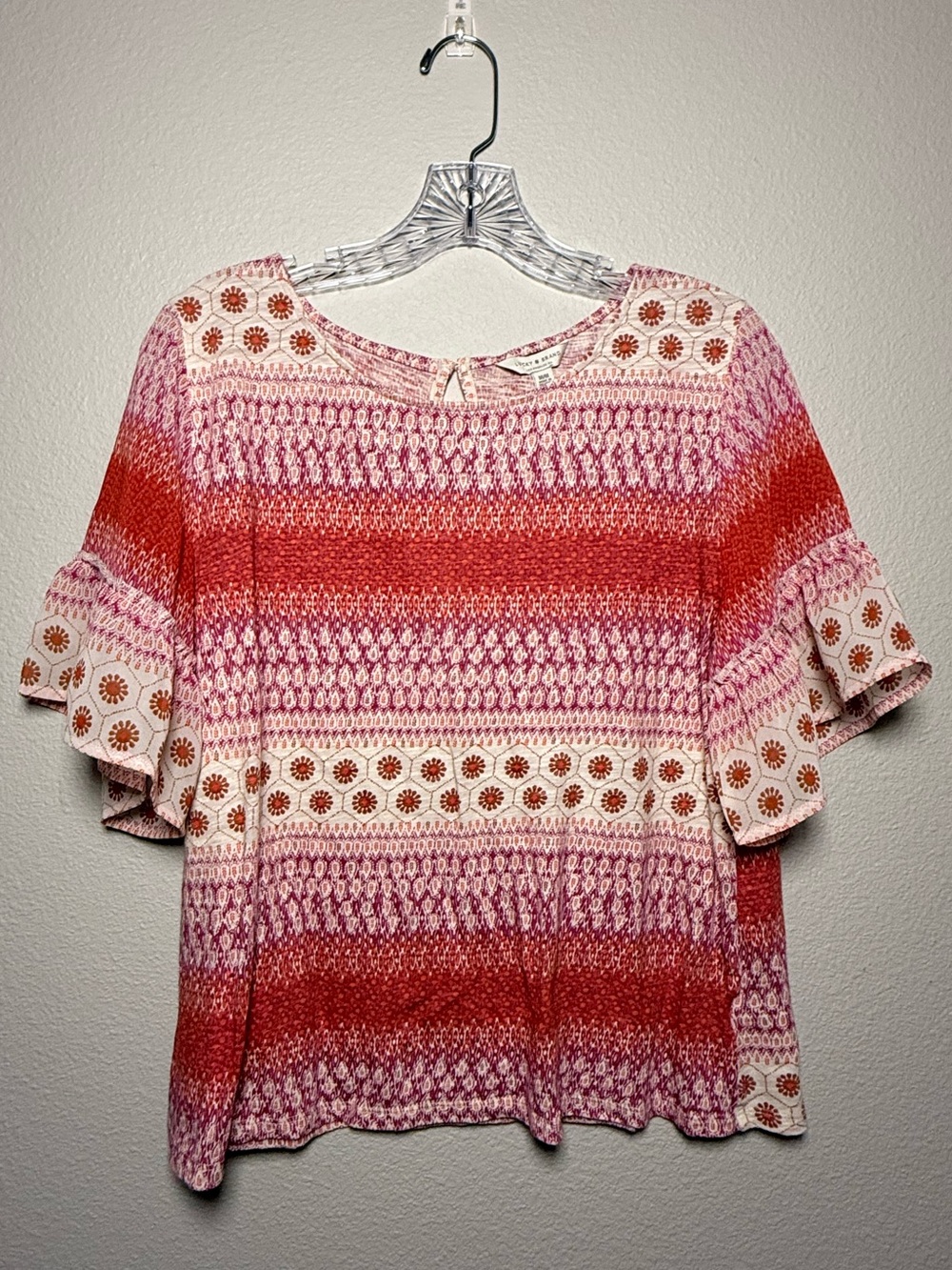 Lucky red & pink boho design flutter sleeve top